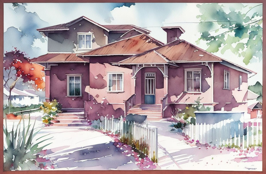 Charming watercolor painting of pink house with picket fence