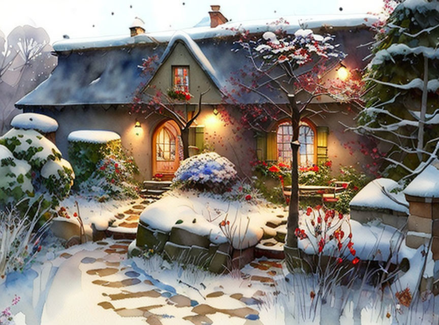 Snowy Landscape: Cozy Cottage with Glowing Windows & Winter Flora