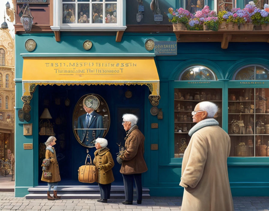 Blue storefront with large clock and people admiring window display under floral arrangement