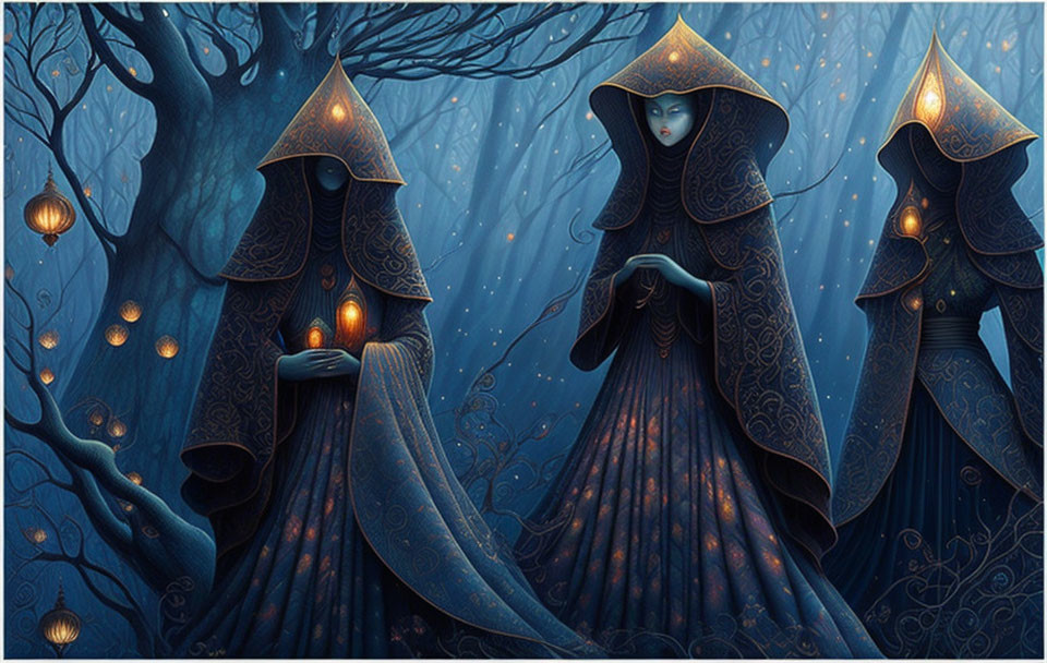 Mystical blue forest scene with robed figures and lanterns