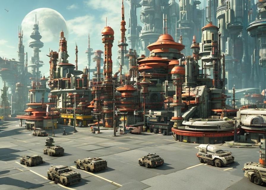 Futuristic cityscape with towering structures and armored vehicles under a vast sky