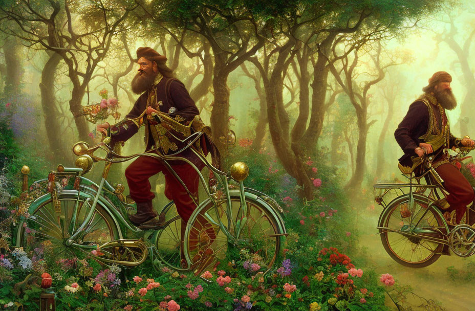 Two bearded men on ornate bicycles in lush forest scene