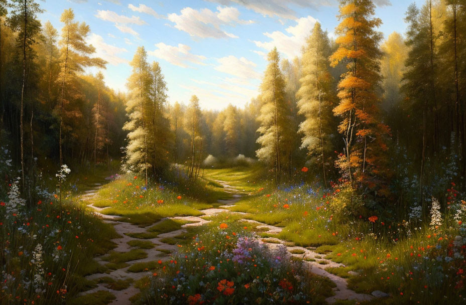 Sunlit Path Through Blossoming Forest: Tranquil Nature Scene