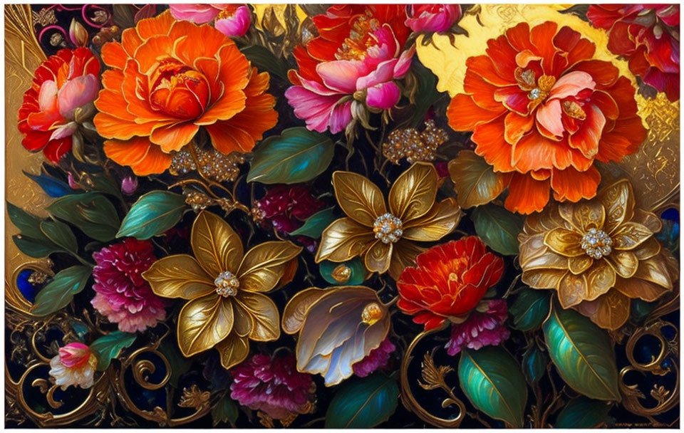 Colorful Floral Painting with Orange, Gold, Red, and Pink Flowers