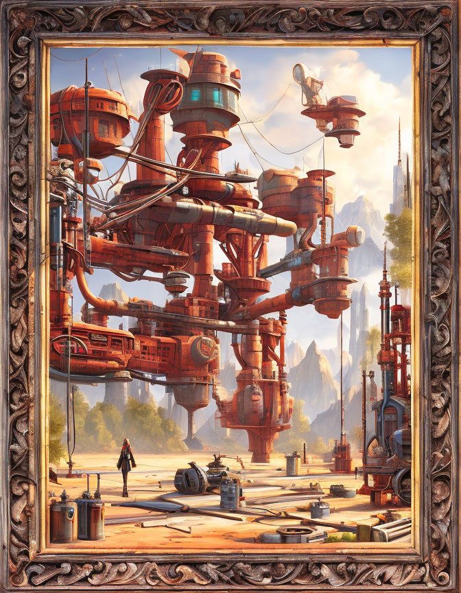 Steampunk artwork featuring intricate pipes, towers, and industrial elements with a lone figure.