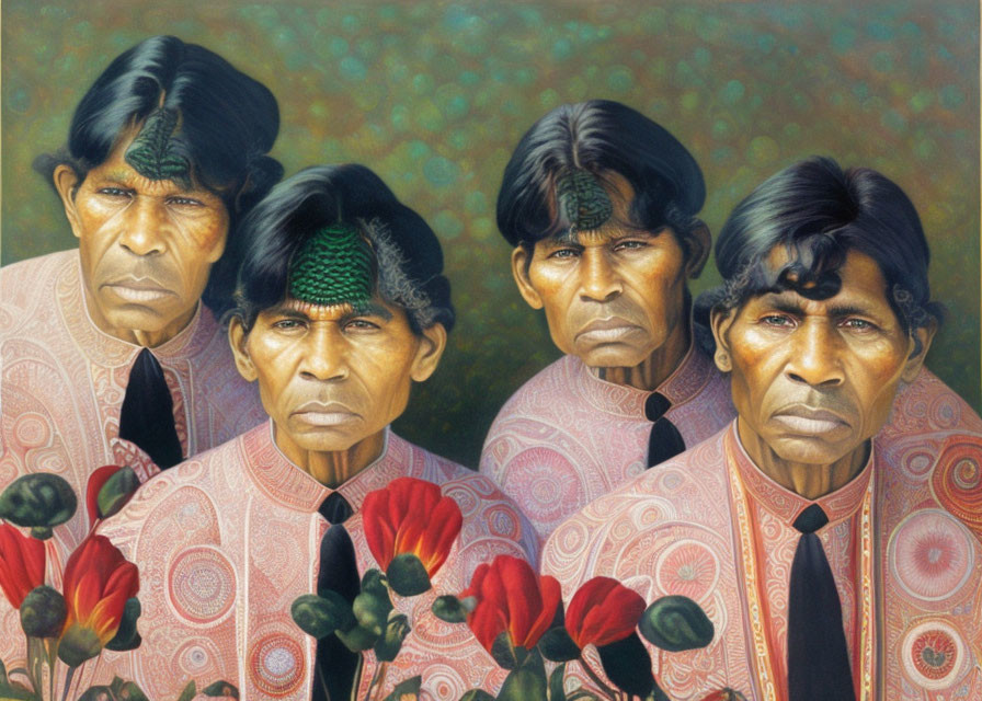 Traditional Indigenous People Painting with Face Paint and Red Flowers