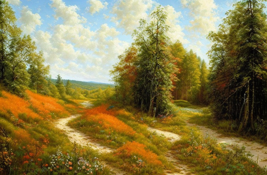 Tranquil rural scene with dirt path, green trees, autumn hues, and blue sky