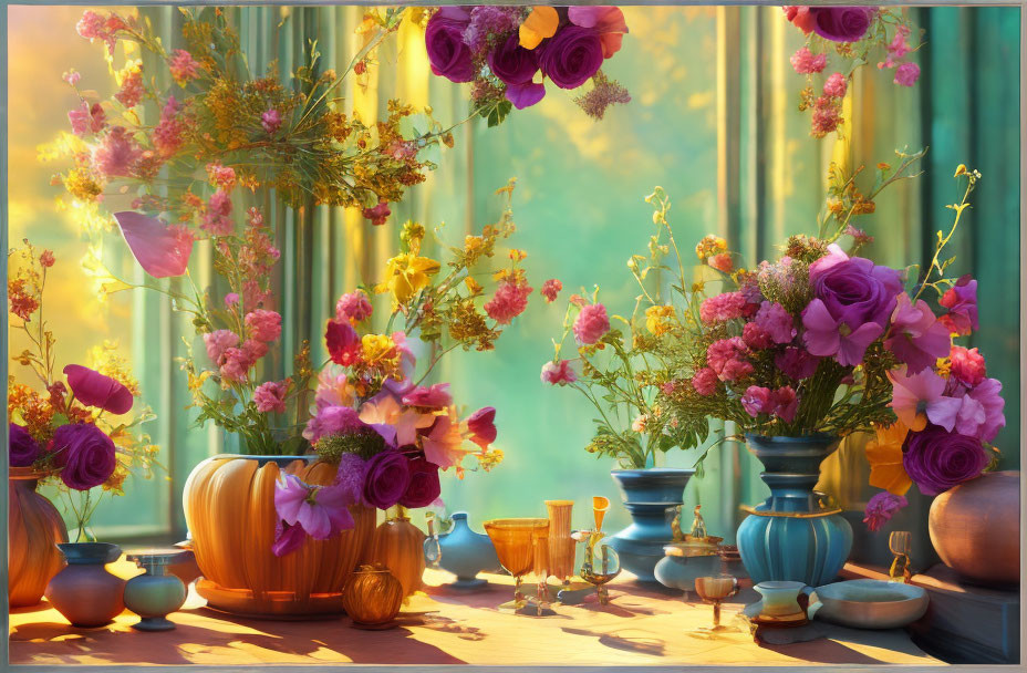 Sunlit Scene with Vibrant Flowers in Blue and Bronze Vases