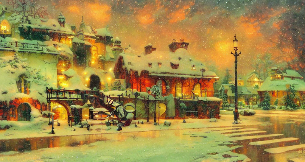 Snow-covered village with warmly lit homes and street lamp in twilight snowfall