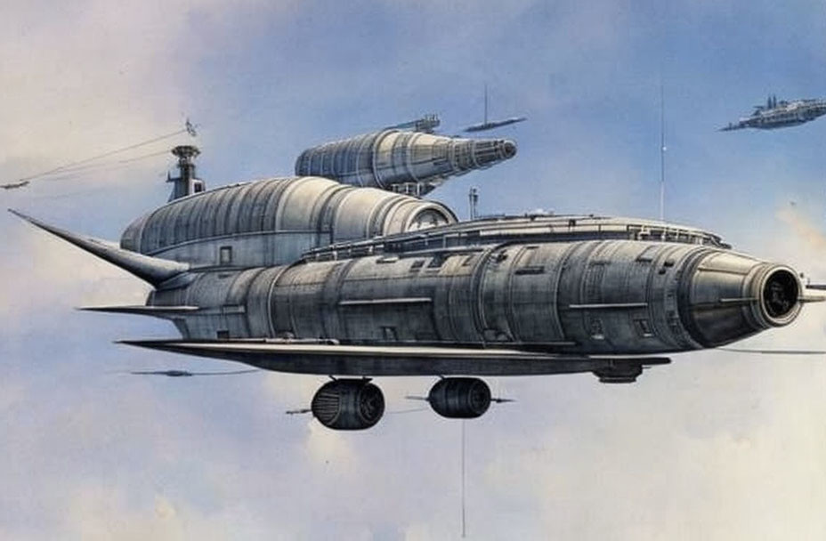 Illustration of vintage-style futuristic airship with cylindrical modules in cloudy sky.