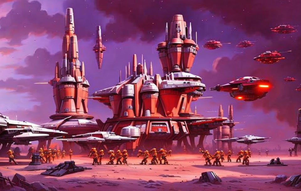 Futuristic sci-fi scene with spaceships, armed figures, and alien planet