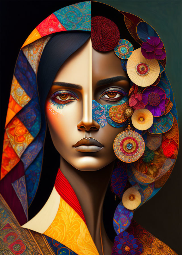 Colorful digital portrait of a woman with vibrant headscarf and intricate patterns.