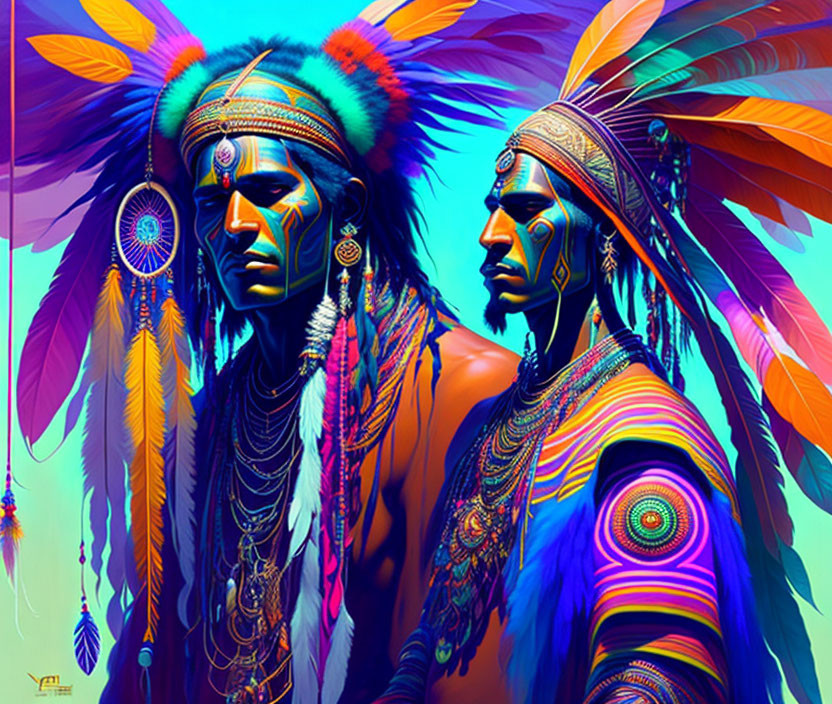 Colorful Native American figures with feather headdresses and face paint.