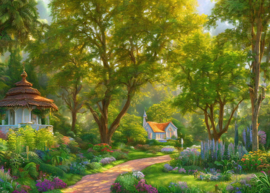 Lush garden with vibrant flowers and quaint cottages under sun-dappled trees