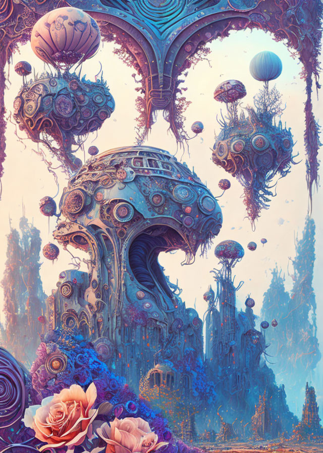 Surreal landscape with floating organic spaceships and alien flora