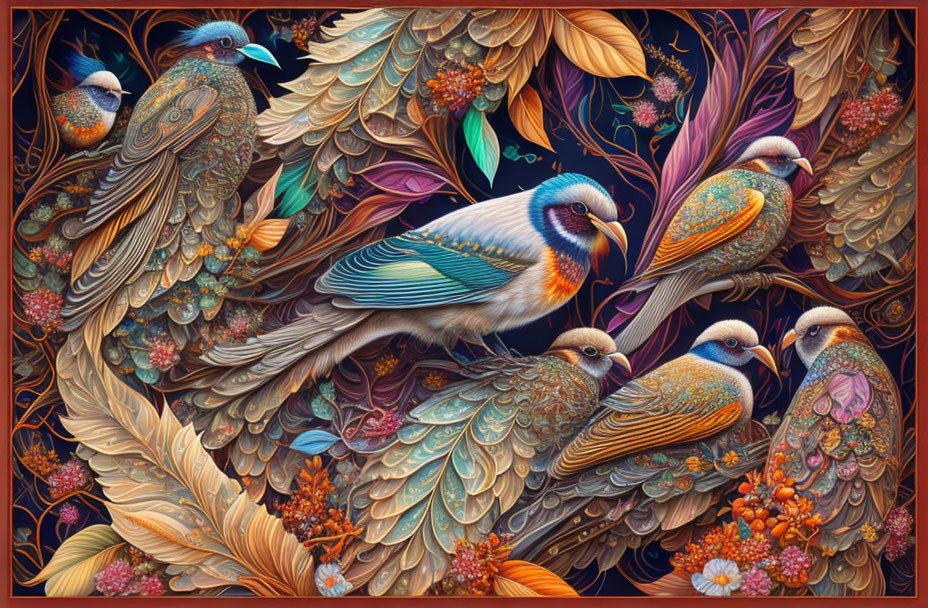 Colorful Birds Gathering in Detailed Foliage and Flowers