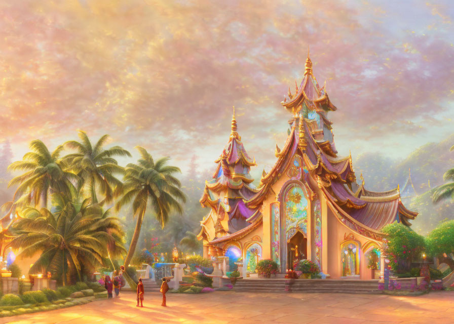 Majestic ornate temple in warm golden glow under pastel sky