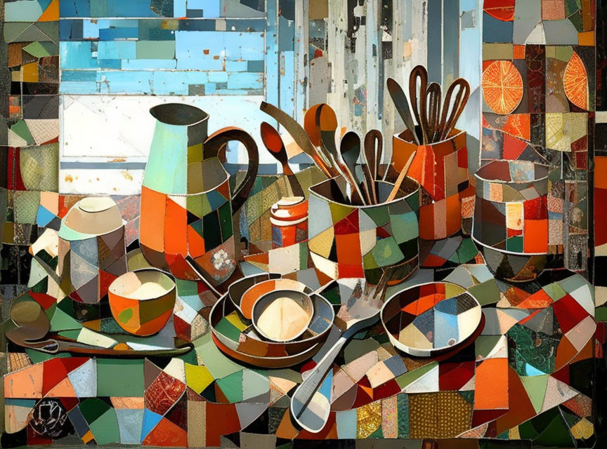 Vibrant Cubist-style Kitchen Scene Painting with Colorful Patterns