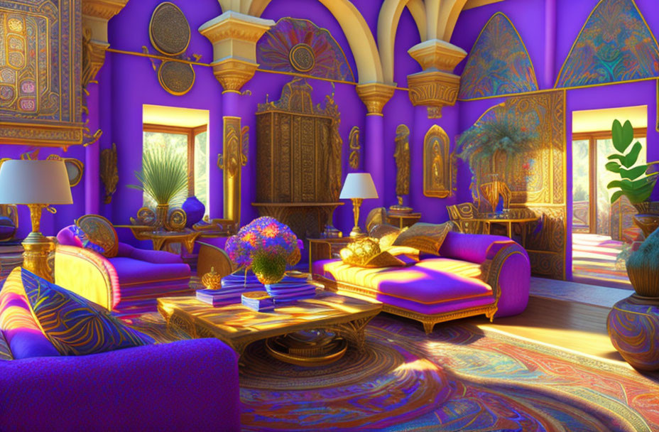 Luxurious Interior with Purple and Gold Accents, Ornate Furniture, and Sunlit Windows