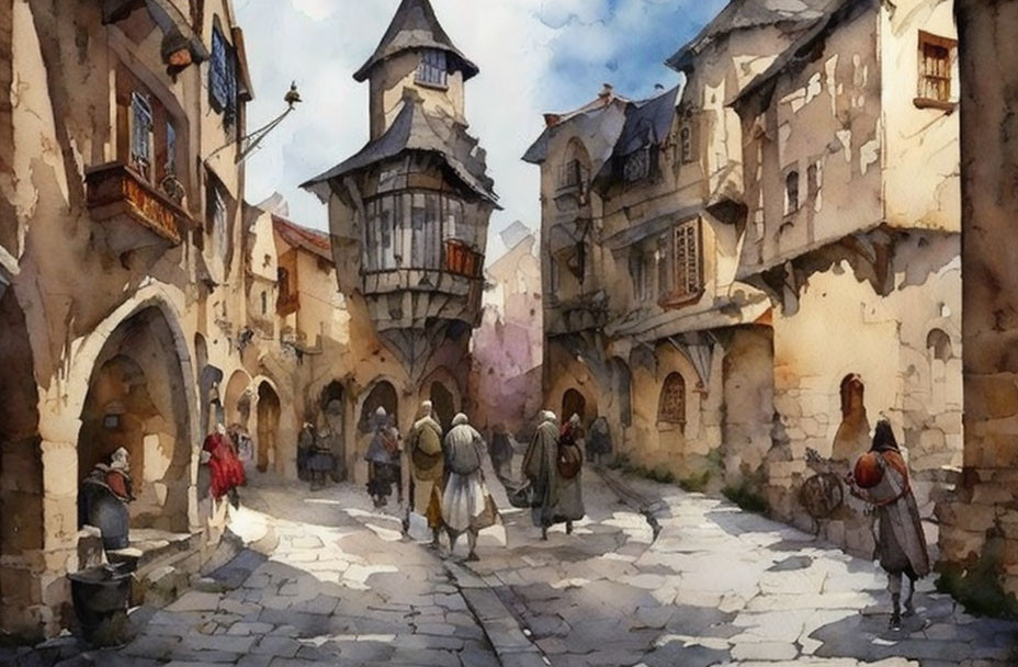 Medieval street scene watercolor painting with townspeople and old buildings