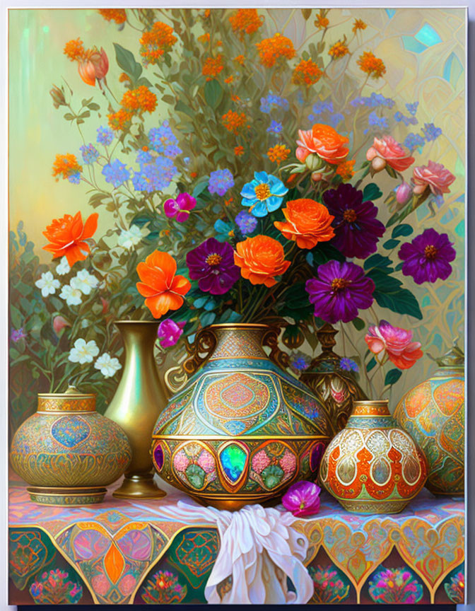 Colorful Flower Arrangement with Ornate Vases on Patterned Background