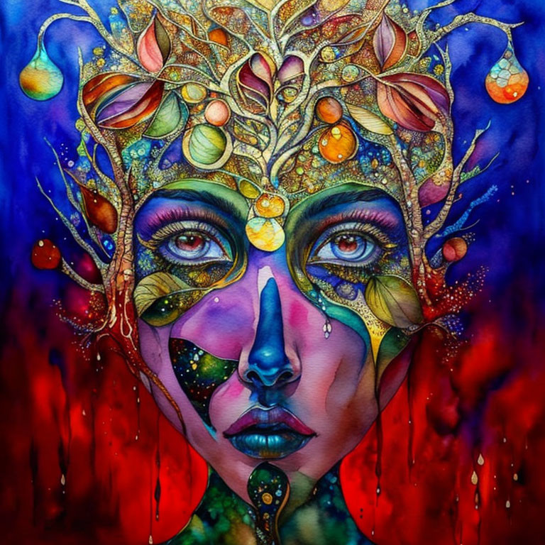 Colorful face painting with leaf crown in blues, reds, and yellows