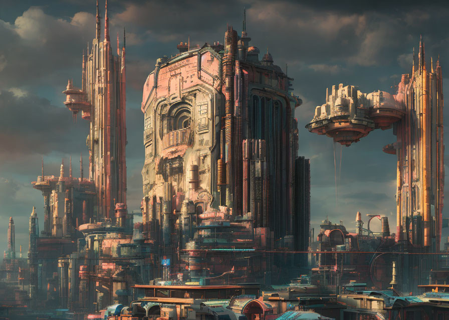 Futuristic cityscape with skyscrapers, flying vehicles, and dramatic sky