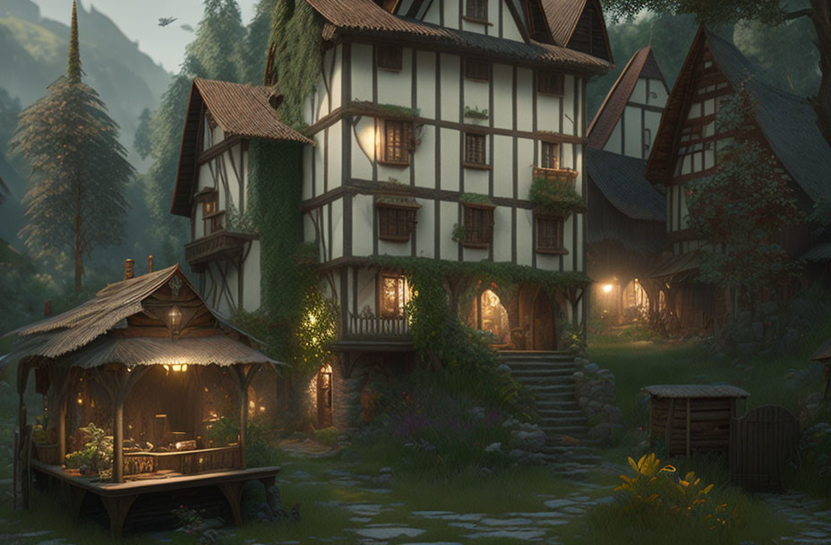 Charming half-timbered houses in serene village at dusk