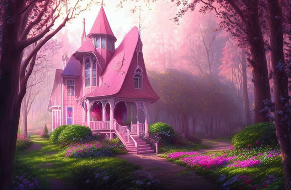 Victorian-style house in pink forest with vibrant flowers