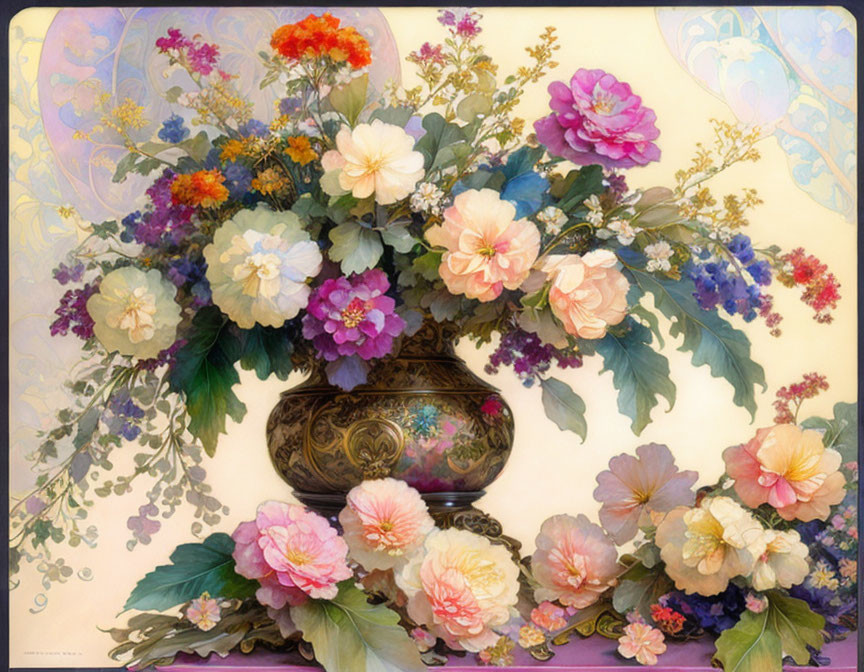 Assorted Flowers Bouquet in Decorated Urn on Pastel Background