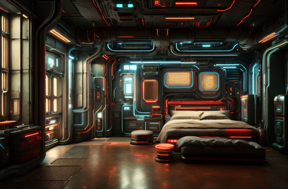Futuristic Bedroom with Glowing Panels and High-Tech Design