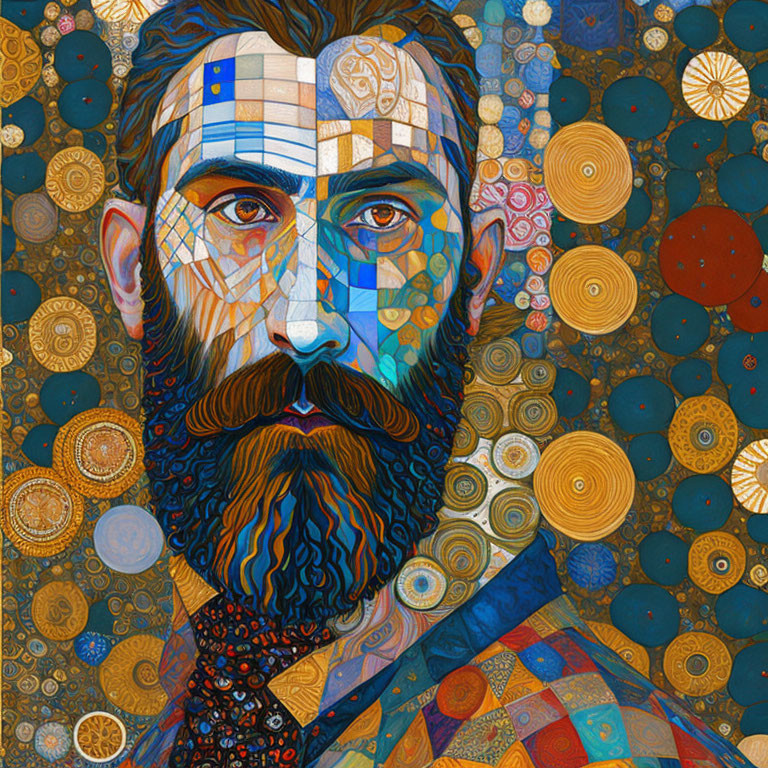 Colorful mosaic portrait of bearded man with geometric patterns and varied textures against circular motifs