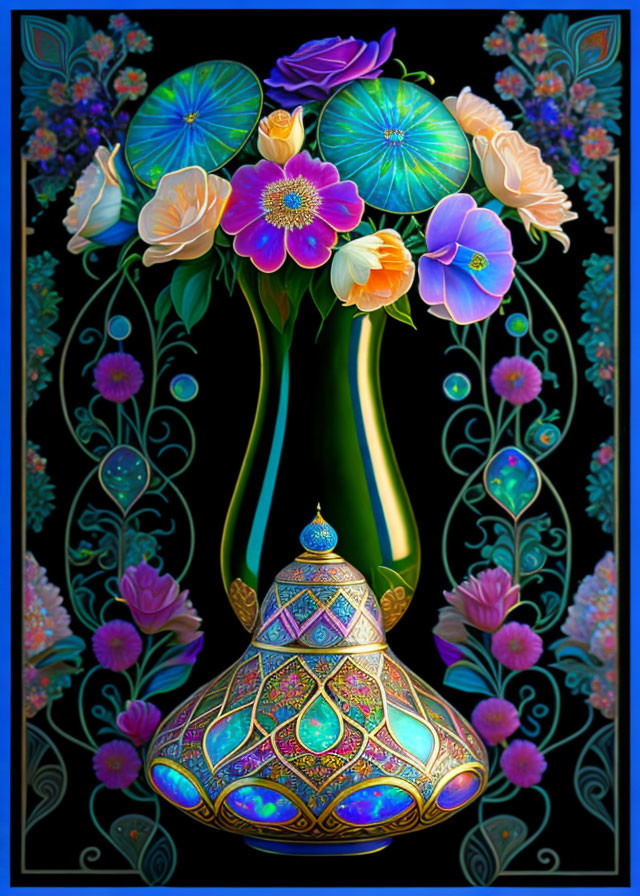 Colorful floral arrangement in vibrant ornate vase on dark, patterned background