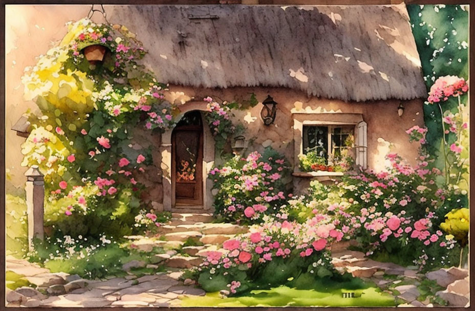 Tranquil Watercolor: Thatched-Roof Cottage & Pink Roses