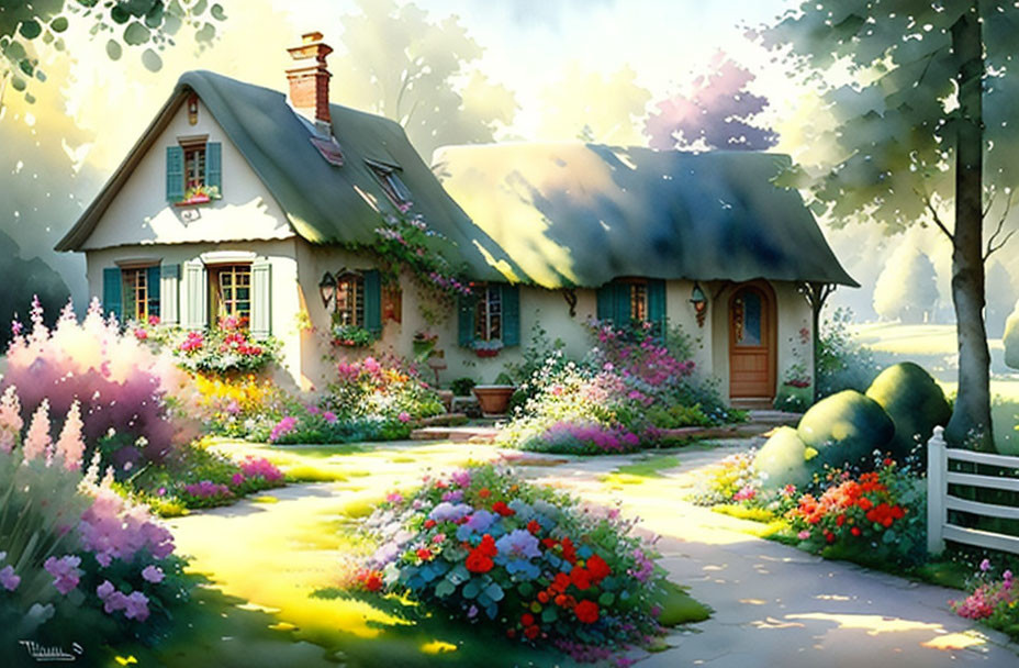 Thatched Roof Cottage Surrounded by Gardens and Sunlight