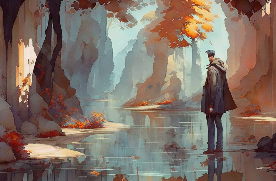 Person in coat by tranquil lake with autumn trees and cliffs.