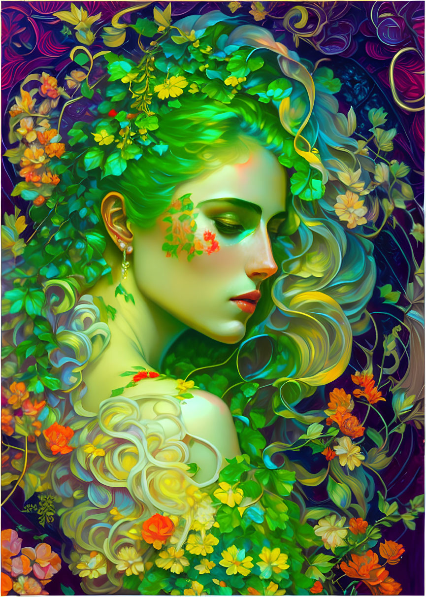 Colorful Digital Artwork: Woman with Green Skin and Floral Adornments