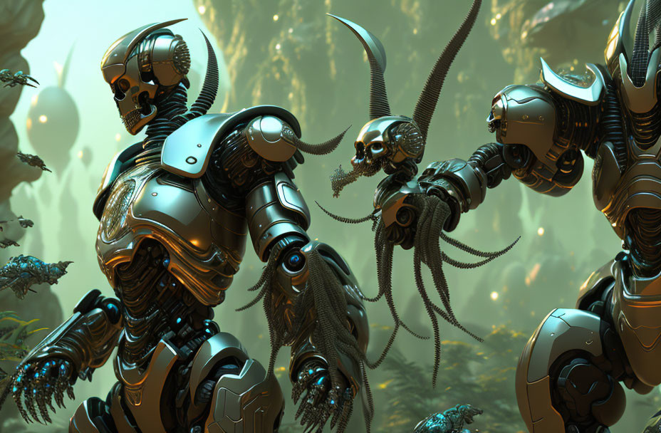 Futuristic humanoid robots in intricate designs exploring an alien jungle with a skull.