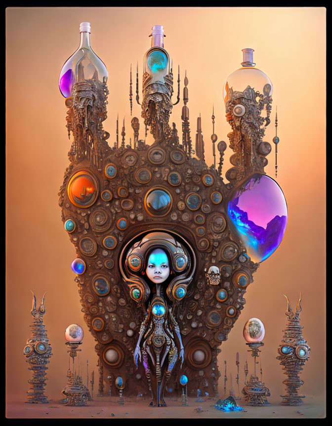 Surreal artwork: otherworldly figure with large eyes amid gears, spires, orbs,