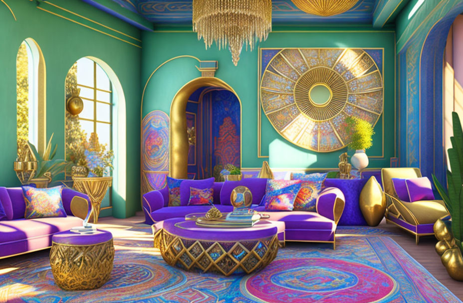 Colorful teal and purple room with golden accents and sun wall ornament