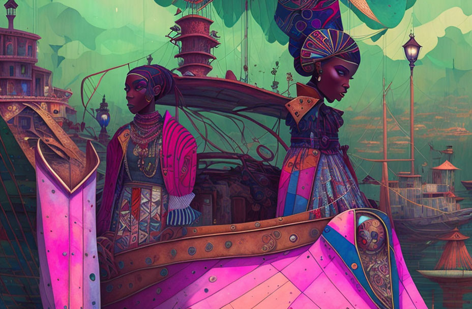 Vibrant futuristic characters in African-inspired attire with ornate vehicle in colorful cityscape