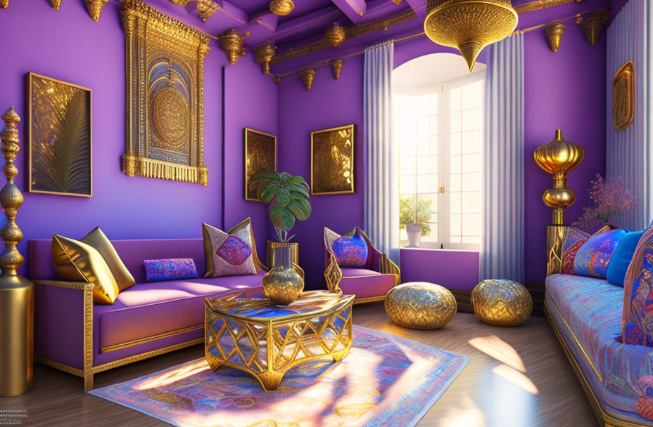 Luxurious Purple and Gold Living Room Decor with Ornate Furniture and Intricate Wall Art