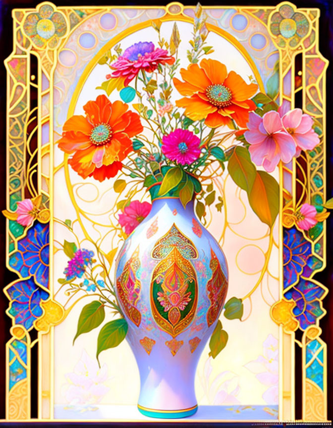 Colorful Art Nouveau-Inspired Flower Bouquet in Ornate Vase