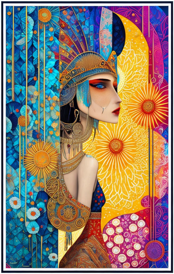 Colorful digital artwork featuring woman with intricate headdress amid floral and sun motifs