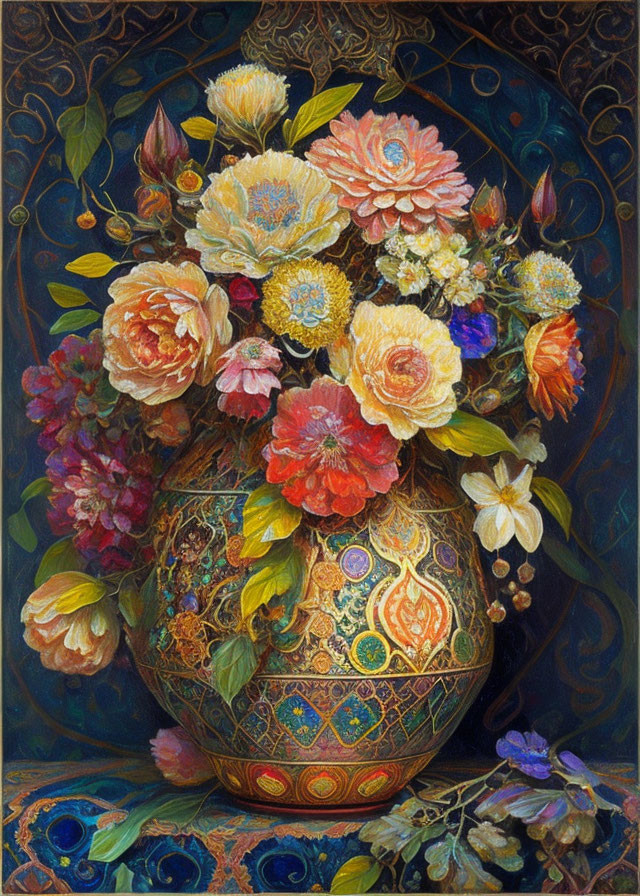 Colorful floral bouquet painting in ornate vase on blue background