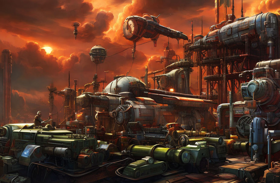 Dystopian industrial landscape with towering structures and futuristic vehicles at sunset