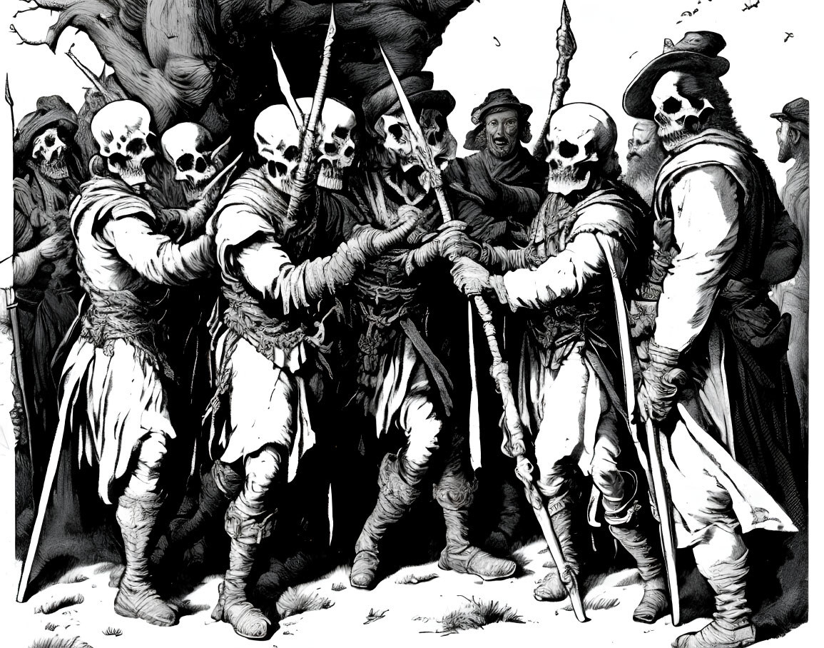 Monochrome illustration: Skeleton warriors in medieval attire with swords and spears