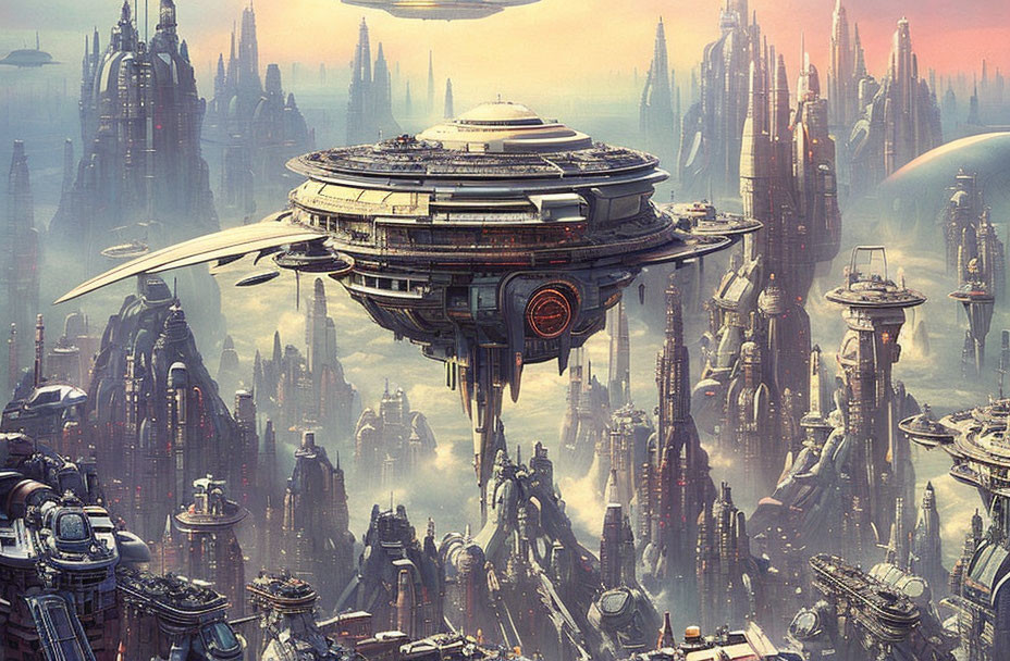 Futuristic cityscape with skyscrapers, circular central structure, and flying vehicles.