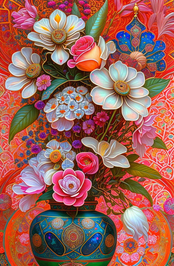 Colorful Stylized Flower Bouquet in Decorative Vase on Red Background