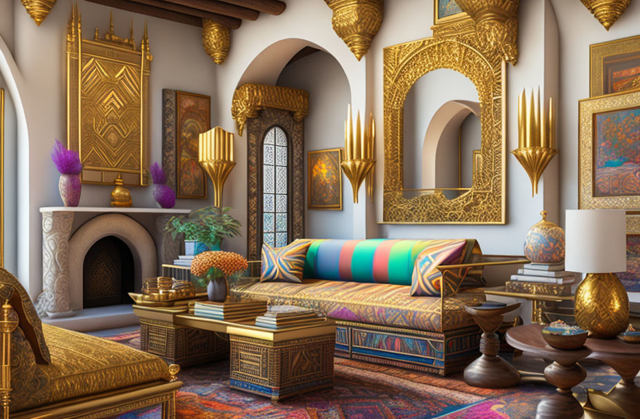 Luxurious Middle Eastern-themed room with gold accents, arched windows, colorful couch, and intricate patterns